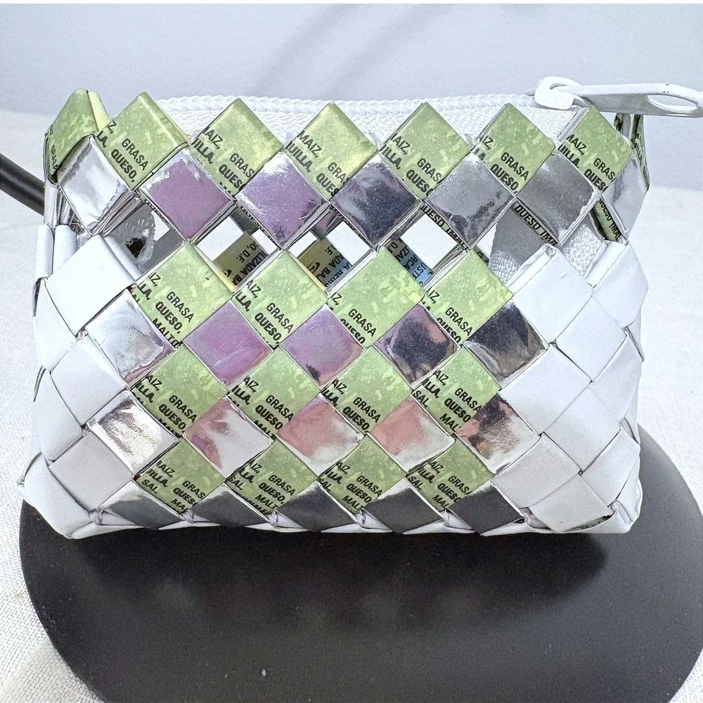 Handcrafted Upcycled Woven Coin Purse‎ Green Silver White Recycled Wrapper Bag